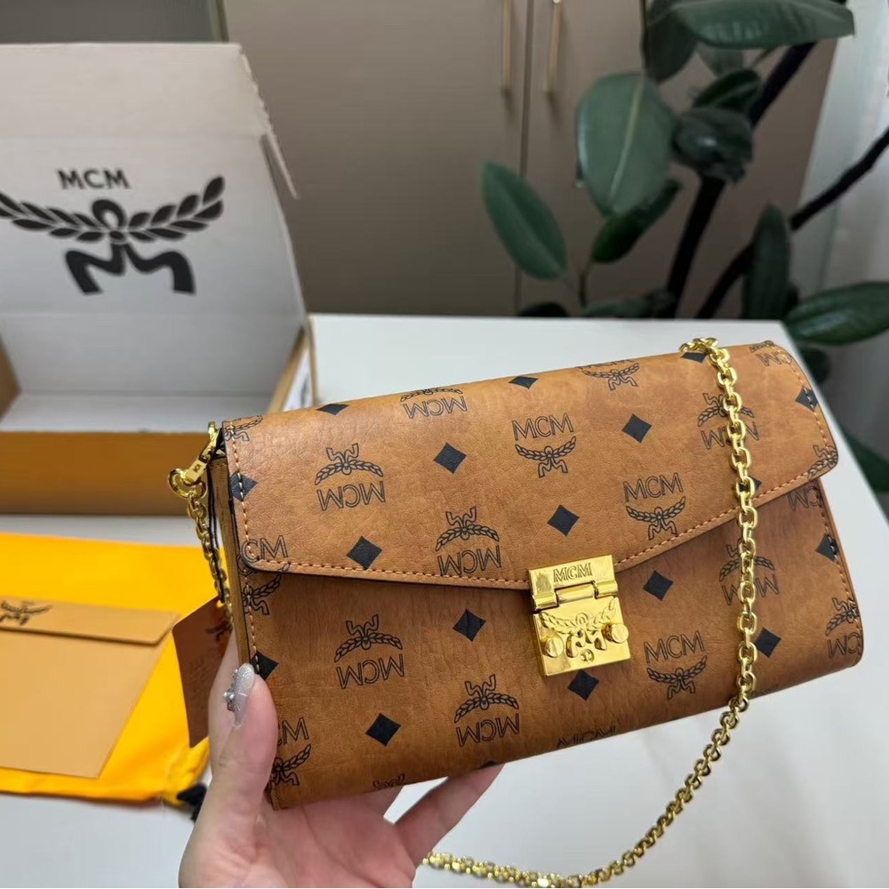 MCM Visetos Brown Monogram Chain Crossbody Flap Shoulder Bag